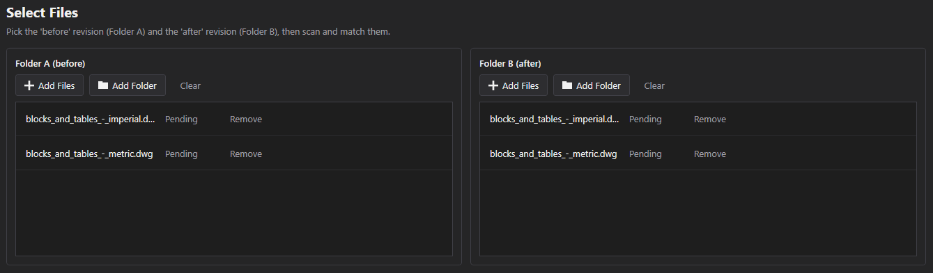 Adding files (Folder A / Folder B) screenshot