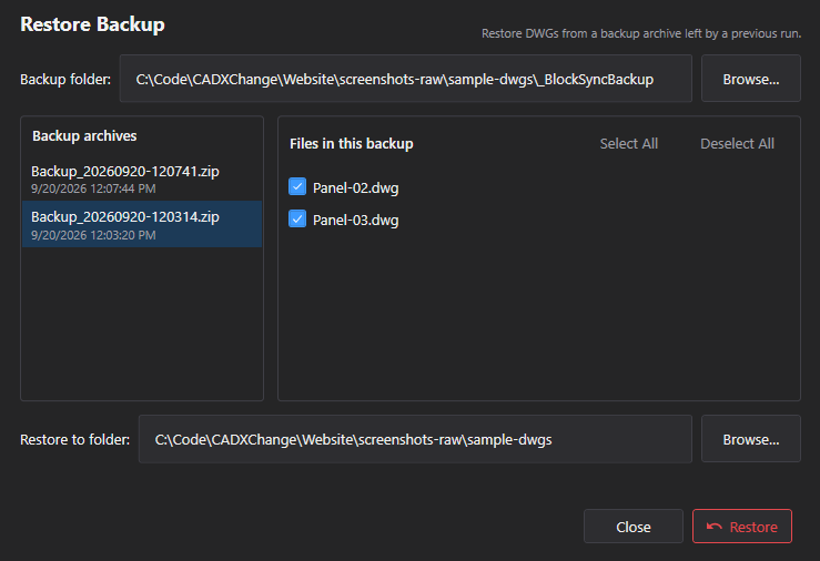 Restore Backup (standalone window) screenshot