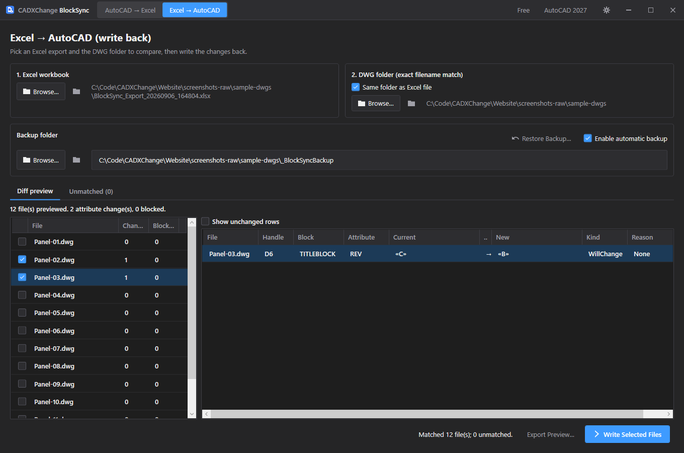 Picking the workbook and DWG folder screenshot