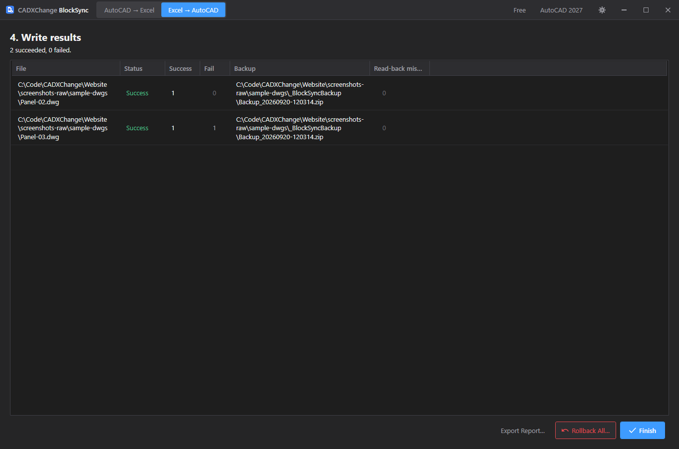 Write results screenshot