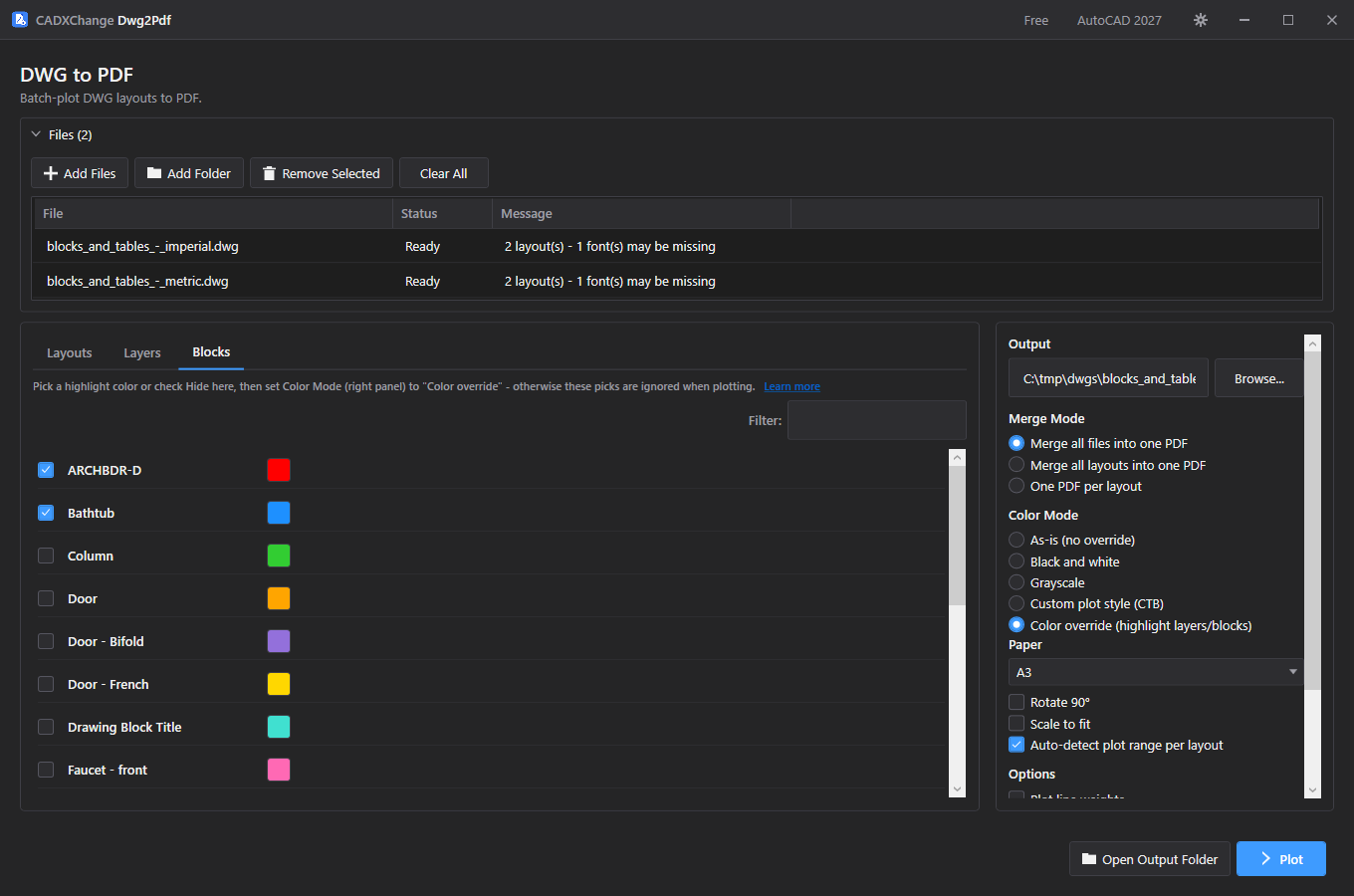 Blocks tab — per-block color override screenshot