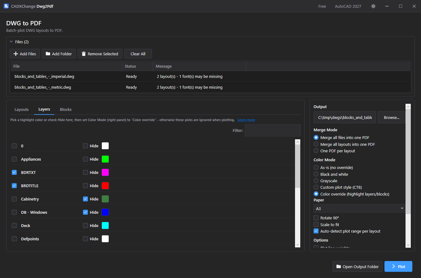 Layers tab — per-layer color override and hide screenshot