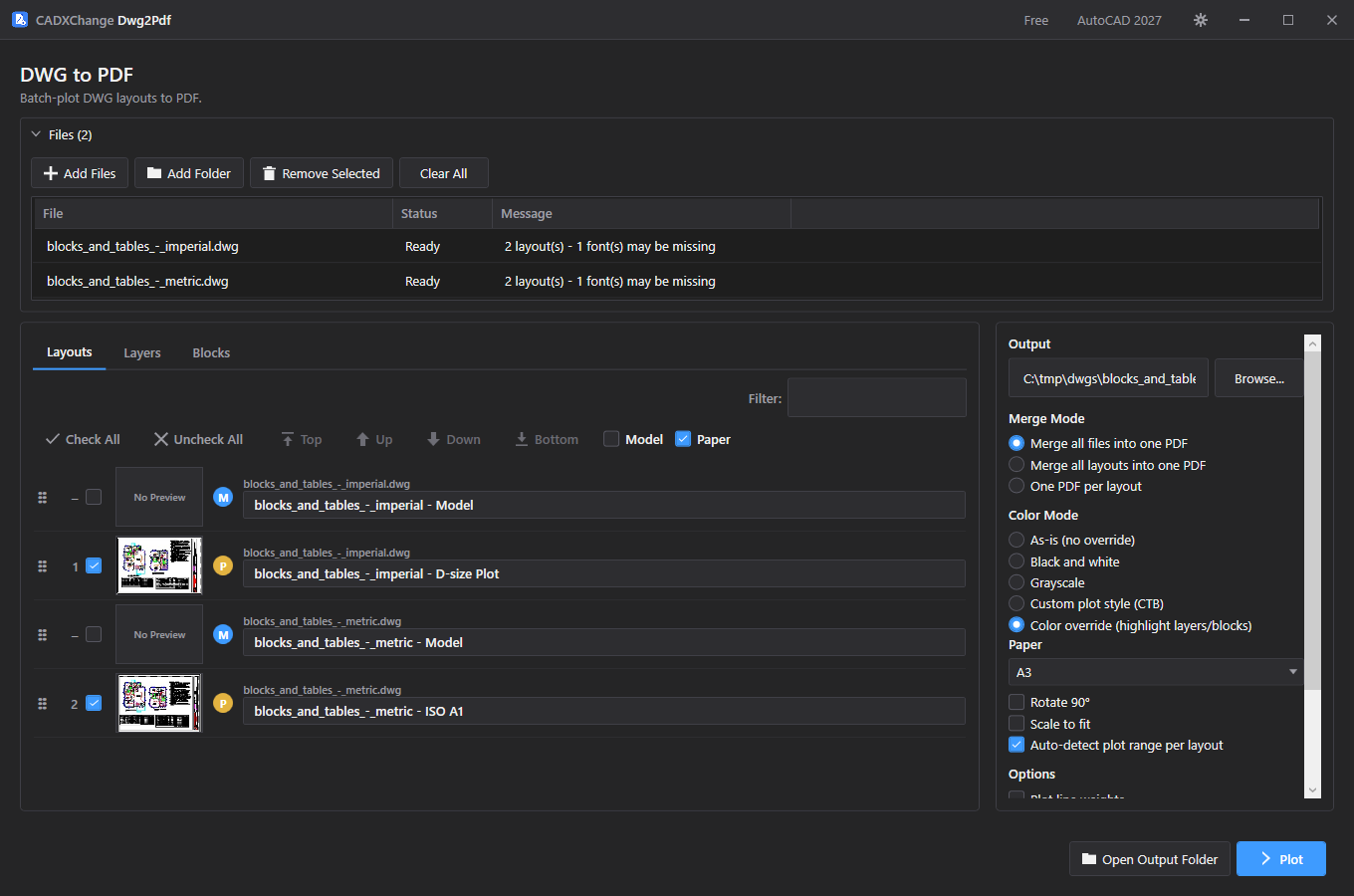 Adding files and choosing layouts screenshot