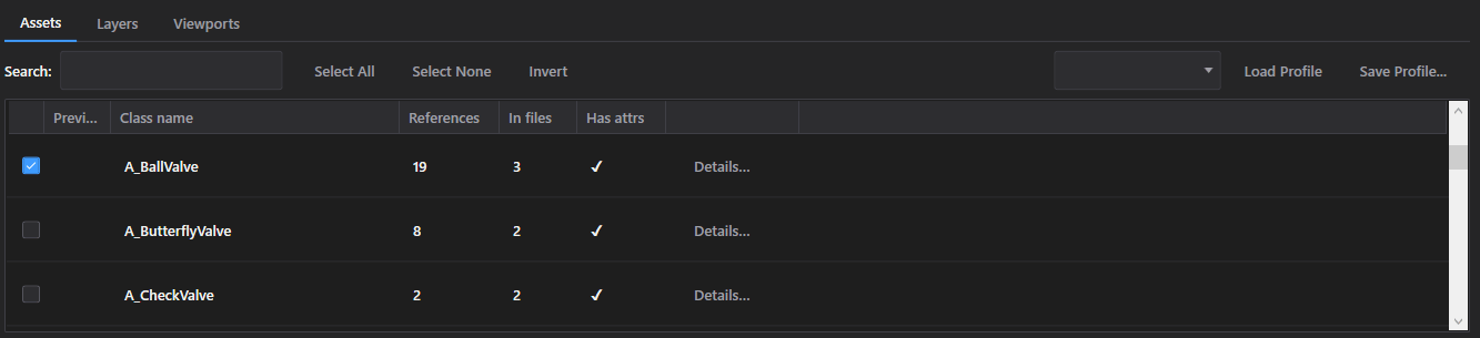 Choosing asset classes, layers and viewports screenshot