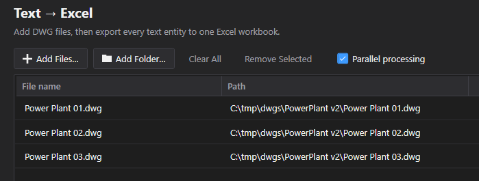 Adding files (Text → Excel) screenshot