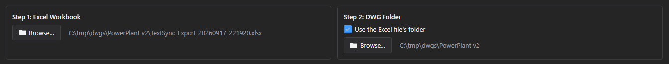Picking the workbook and DWG folder (Excel → Text) screenshot