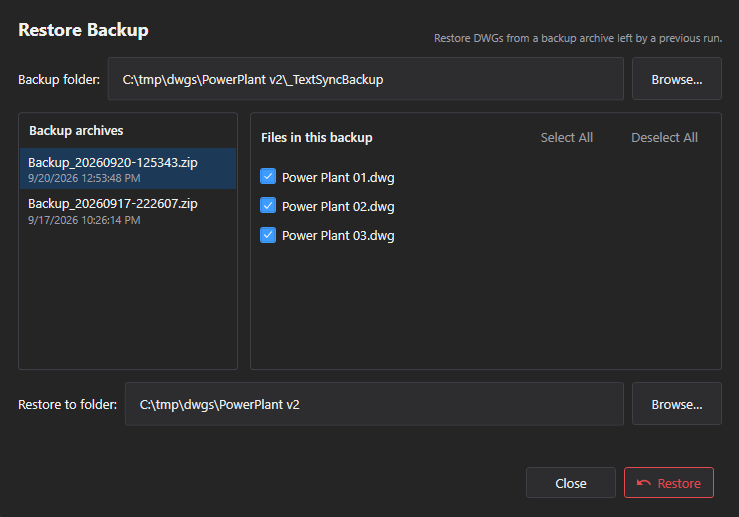 Restore Backup (standalone window) screenshot