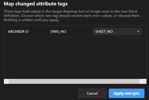 Der Dialog Map changed attribute tags in BlockCopy, in dem das alte Tag DWG_NO von ARCHBDR-D seine Werte an SHEET_NO übergibt