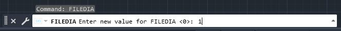 コマンドラインで FILEDIA の入力待ちに 1 を入力し、Enter で確定する直前の状態