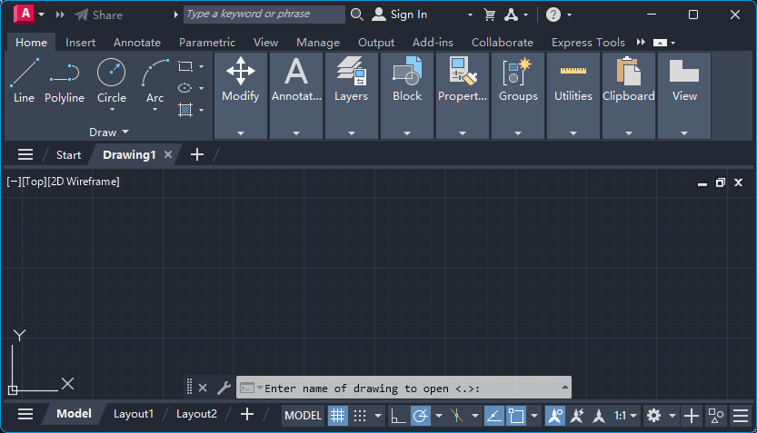 AutoCAD 2024 で Open を押した後。ファイルのダイアログは出ず、コマンドラインに Enter name of drawing to open と表示されている