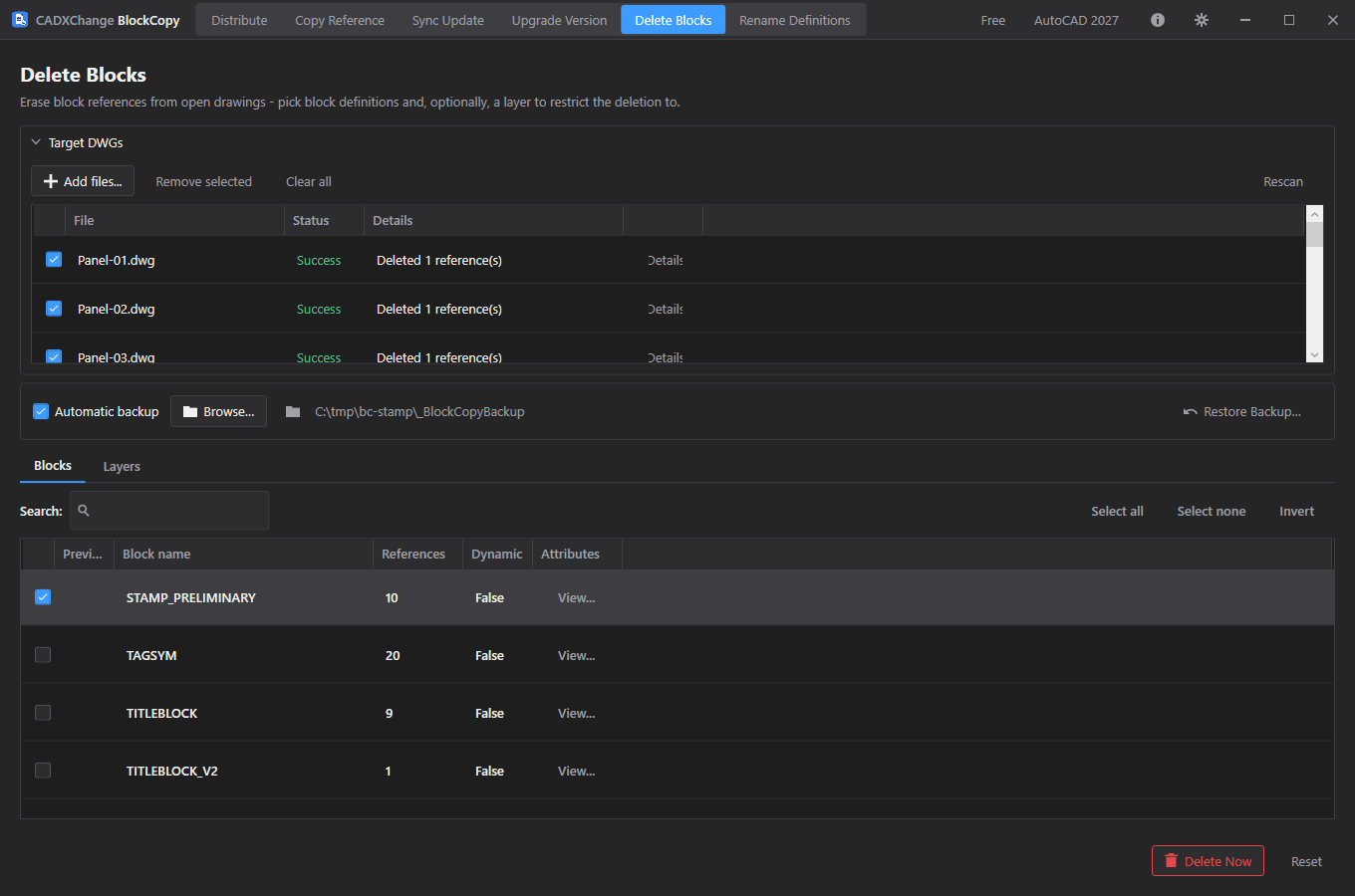 BlockCopy's Delete Blocks screen with STAMP_PRELIMINARY ticked and 10 references listed, and the target list showing Success and Deleted 1 reference(s) for each drawing