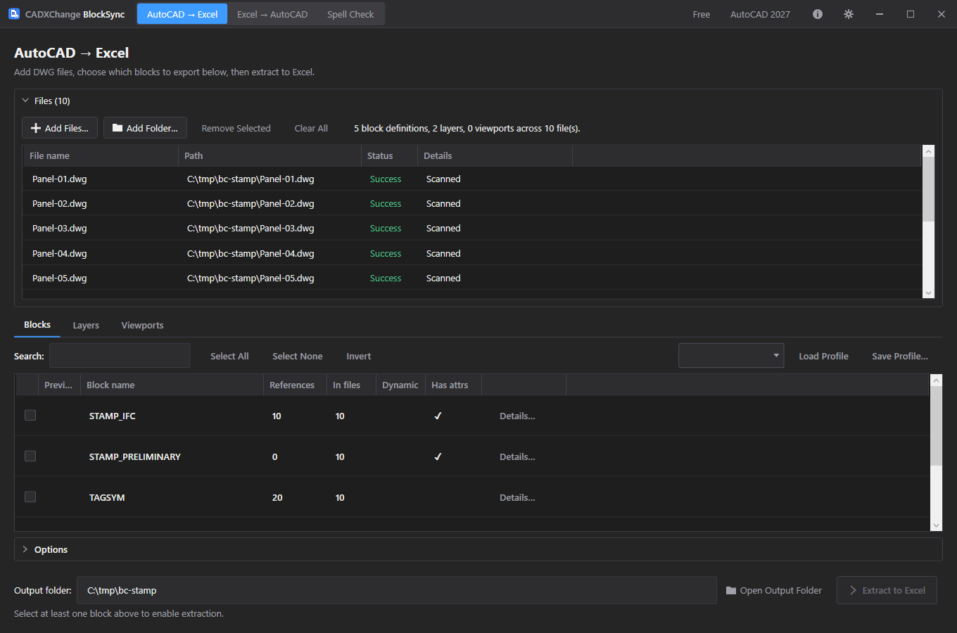 BlockSync's Blocks tab for the ten drawings: STAMP_IFC has 10 references in 10 files and STAMP_PRELIMINARY has 0 references