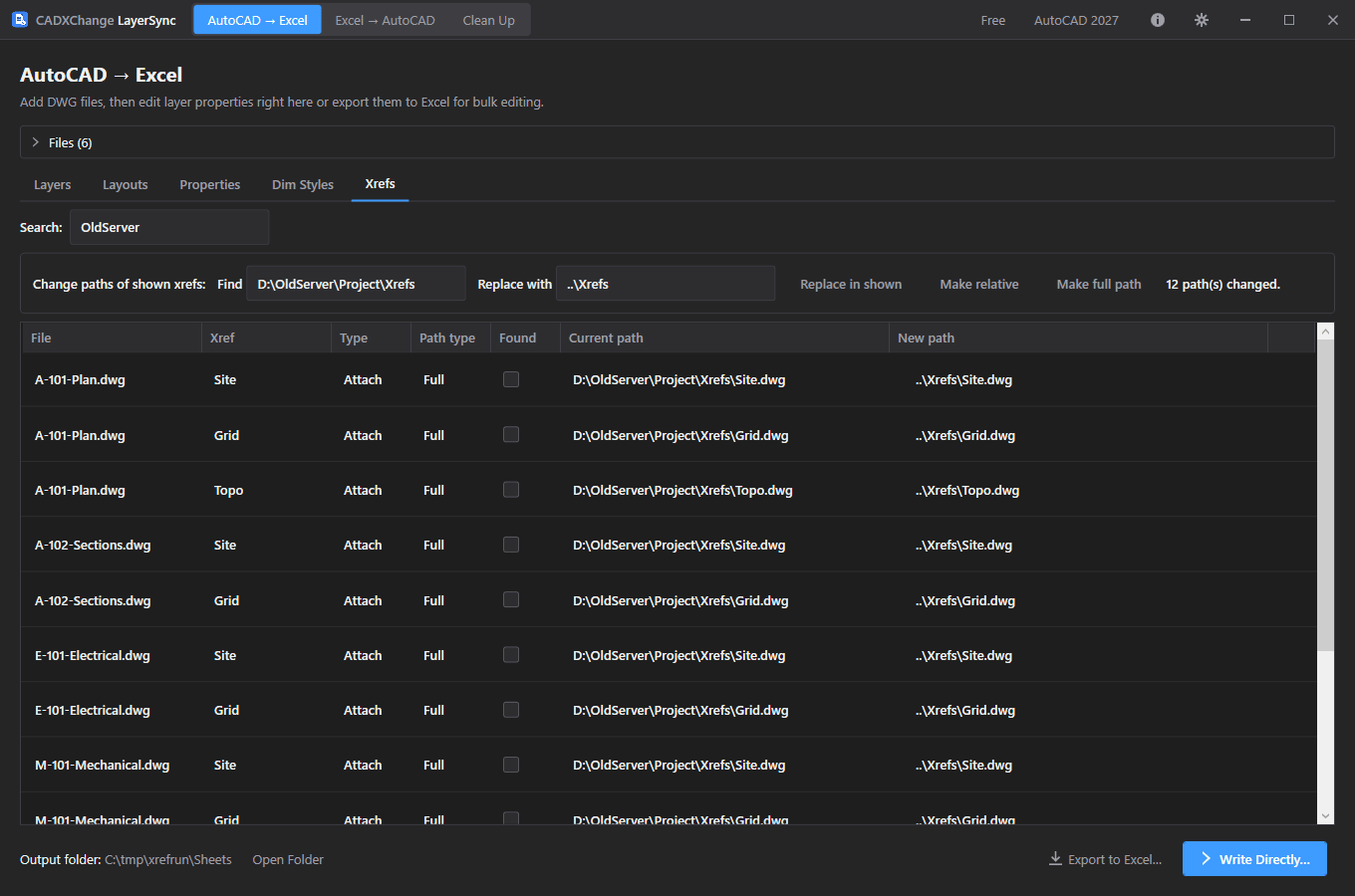 L'onglet Xrefs de LayerSync avec la recherche OldServer, D:\OldServer\Project\Xrefs dans Find et ..\Xrefs dans Replace with, le message 12 chemin(s) modifié(s) et la colonne New path affichant ..\Xrefs\Site.dwg et ..\Xrefs\Grid.dwg
