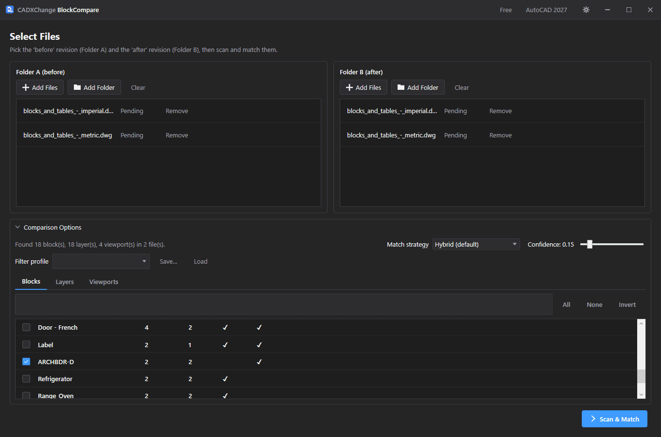 BlockCompare's Select Files screen with before and after drawing folders added and the ARCHBDR-D title block checked