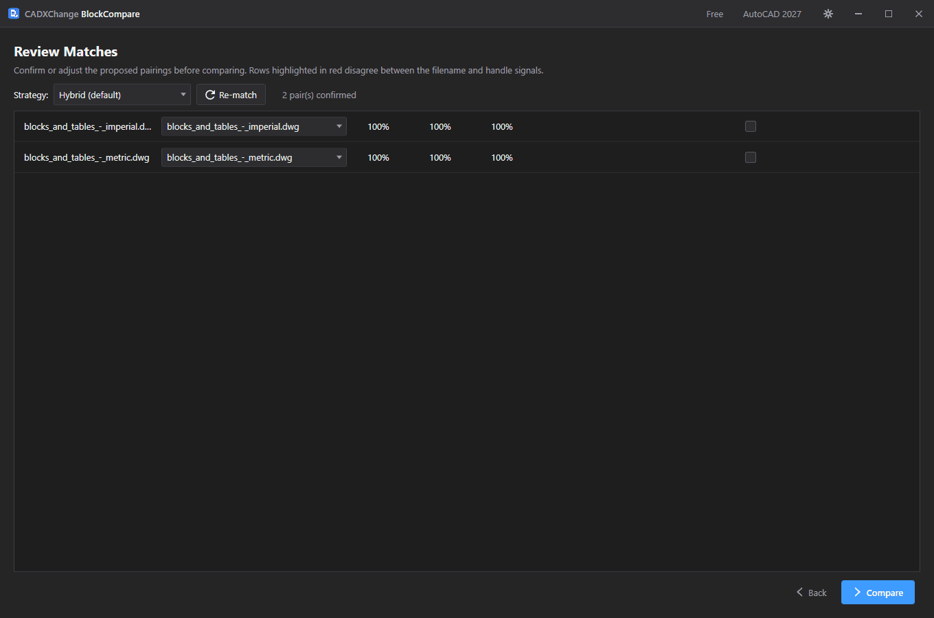 BlockCompare's Review Matches screen showing two confirmed file pairings at 100% filename, handle and combined confidence