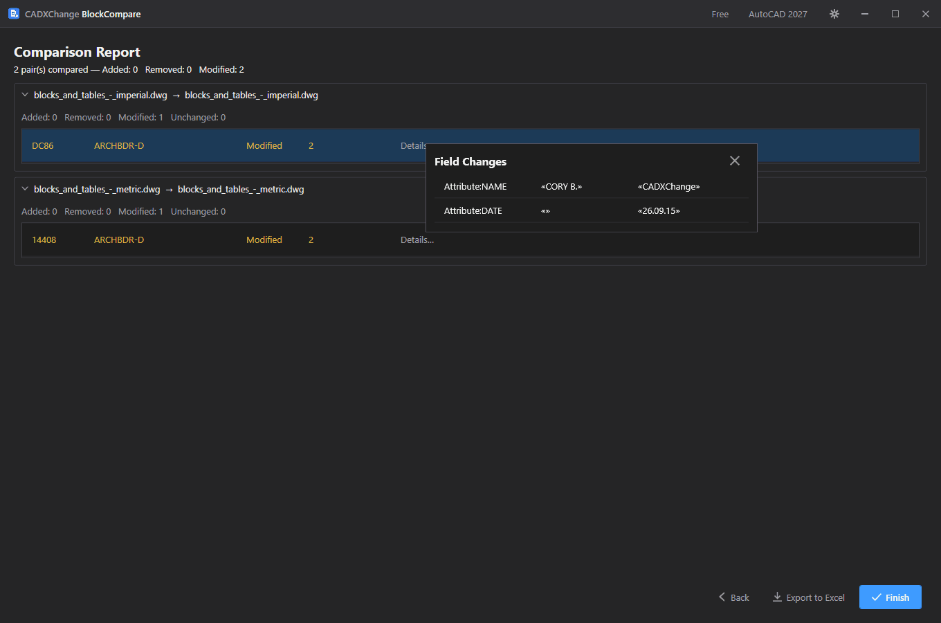 BlockCompare's Comparison Report with a Field Changes popup showing the NAME and DATE attribute values that changed