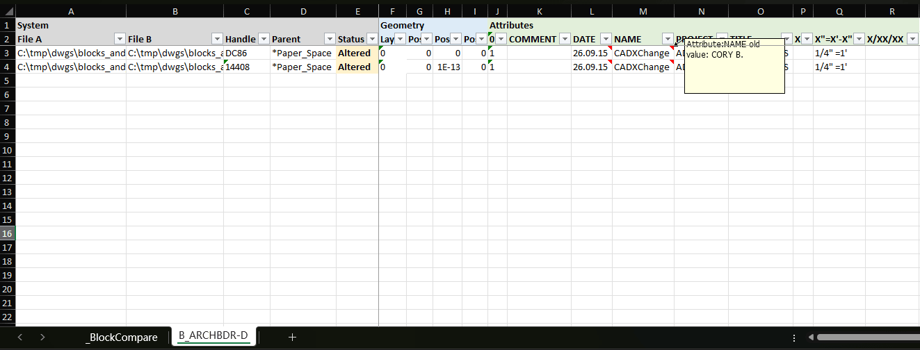 Excel workbook exported by BlockCompare showing File A, File B, Handle and attribute columns with a flagged old value for the NAME attribute