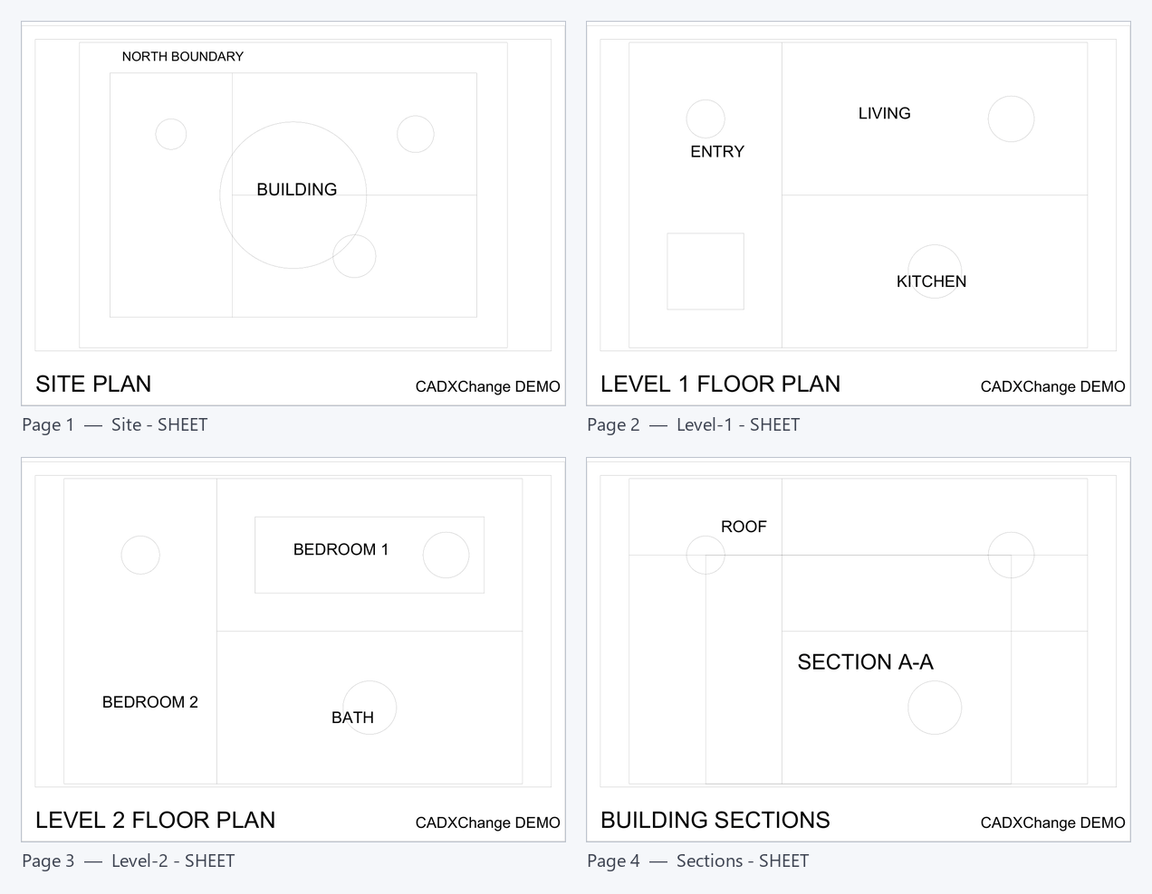 Les quatre pages du PDF fusionné : page 1 plan de situation, page 2 plan du niveau 1, page 3 plan du niveau 2 et page 4 coupes du bâtiment