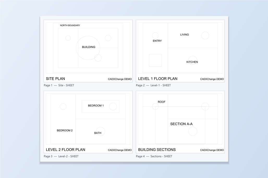 Quatre pages d'un PDF fusionné dans l'ordre d'émission — plan de situation, plan du niveau 1, plan du niveau 2 et coupes du bâtiment — chacune étiquetée avec son numéro de page et sa présentation d'origine