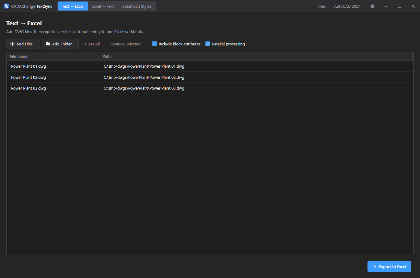 TextSync's Text to Excel screen with a batch of drawings added, ready to export