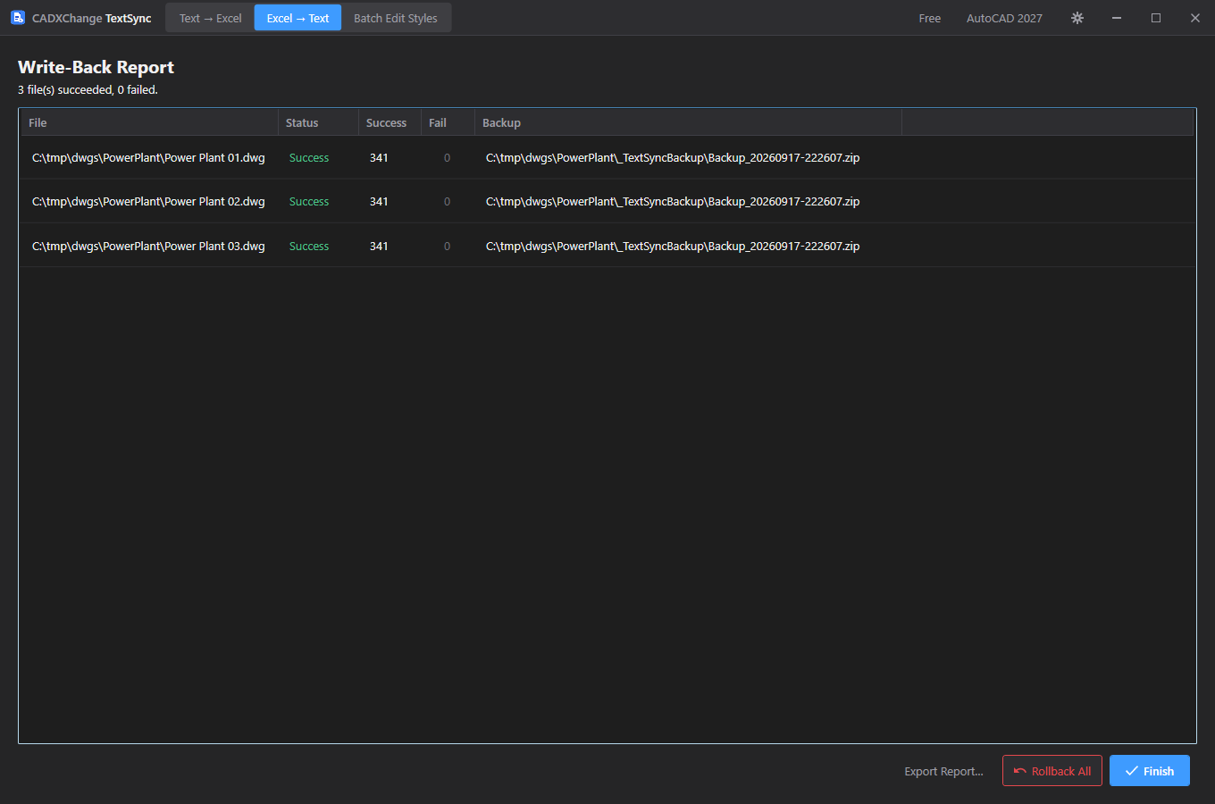 TextSync write-back report showing all files succeeded, with the backup zip location