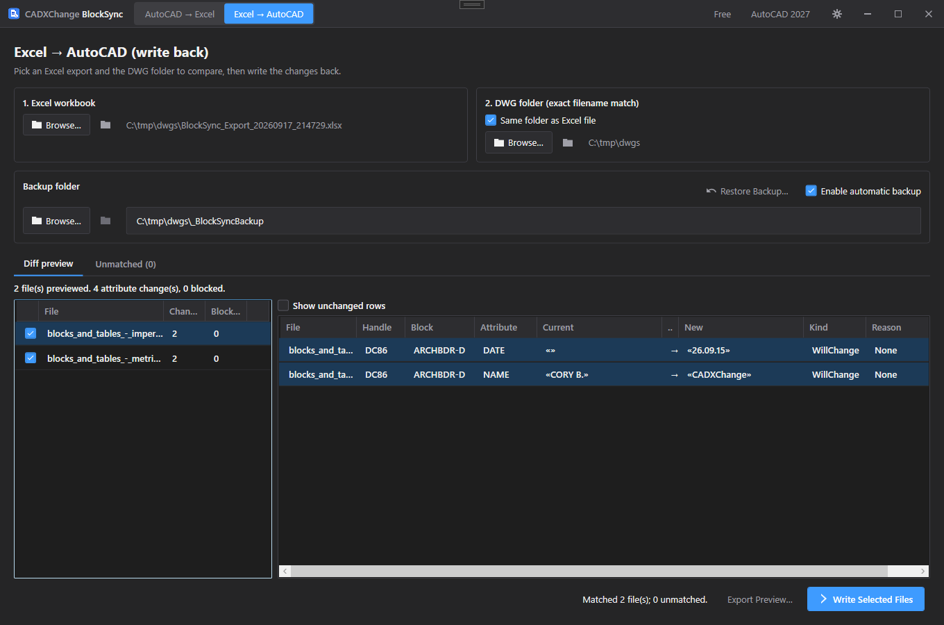 BlockSync's diff preview showing the DATE and NAME attribute changes about to be written to two drawings
