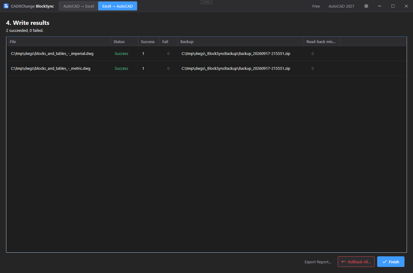 BlockSync write results screen showing 2 succeeded, 0 failed, and the backup zip location