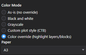 Color Mode options with Color override (highlight layers/blocks) selected