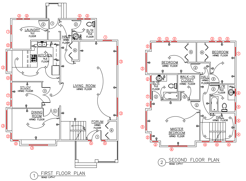 Plotted PDF with window tag callouts in red and the rest of the floor plan in black