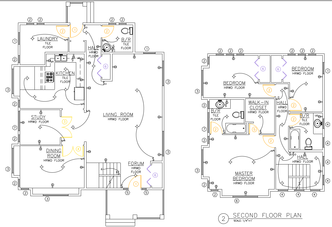Plotted PDF with door swings in orange, purple and yellow by block type, and the rest of the floor plan in black