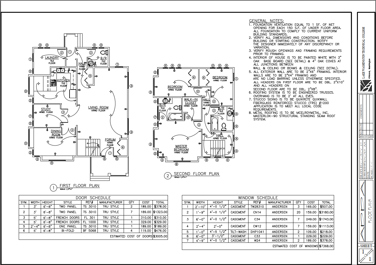Plotted output of page 1 showing floor plans, a door schedule and a window schedule in solid black lines