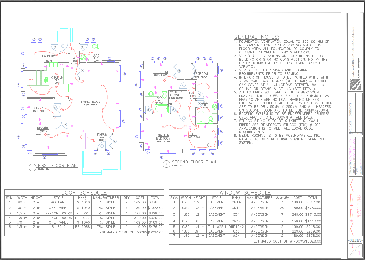 Plotted output of page 2 showing the same floor plans with layers in lightened, screened colors instead of solid black