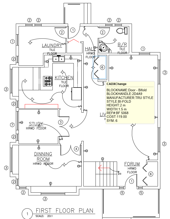 Plotted PDF with a popup annotation over a Door - Bifold block showing its BLOCKNAME, MANUFACTURER, STYLE, HEIGHT, WIDTH, REF#, COST and SYM attribute values