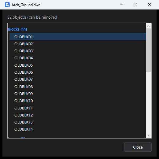 Arch_Ground.dwg의 상세 창: 개체 32개를 제거할 수 있고, Blocks (14) 아래에 OLDBLK01부터 OLDBLK14, 이어서 레이어, 선종류, 치수 스타일이 나열됨