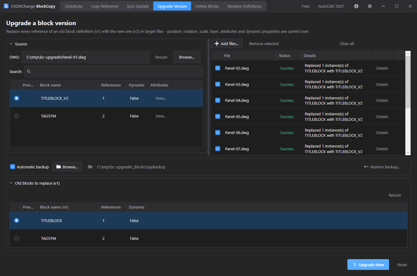 BlockCopys Bildschirm Upgrade Version nach dem Lauf: Panel-02 bis Panel-07 mit Success und der Meldung Replaced 1 instance(s) of TITLEBLOCK with TITLEBLOCK_V2