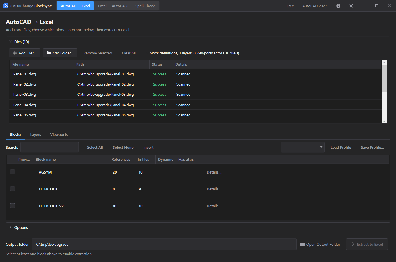 BlockSyncs Blocks-Tab für die zehn aktualisierten Zeichnungen: TITLEBLOCK hat 0 Referenzen, TITLEBLOCK_V2 hat 10 Referenzen in 10 Dateien