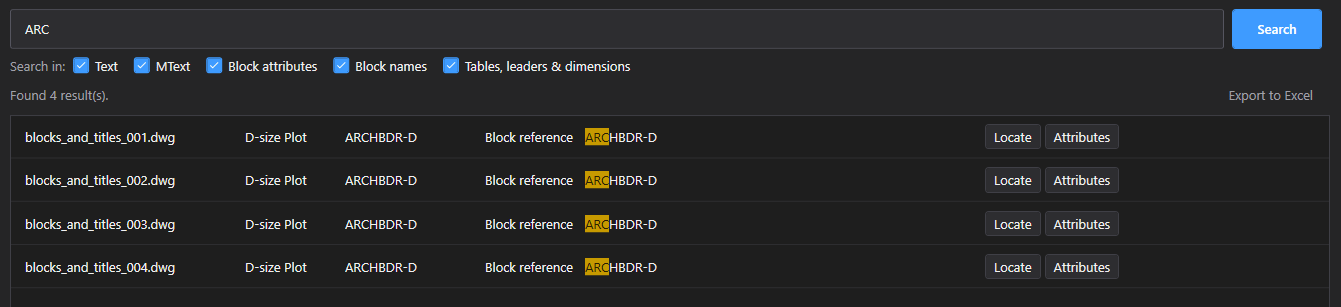 Resultados de DwgSearch para ARC, con la referencia al bloque ARCHBDR-D en cada uno de los cuatro dibujos