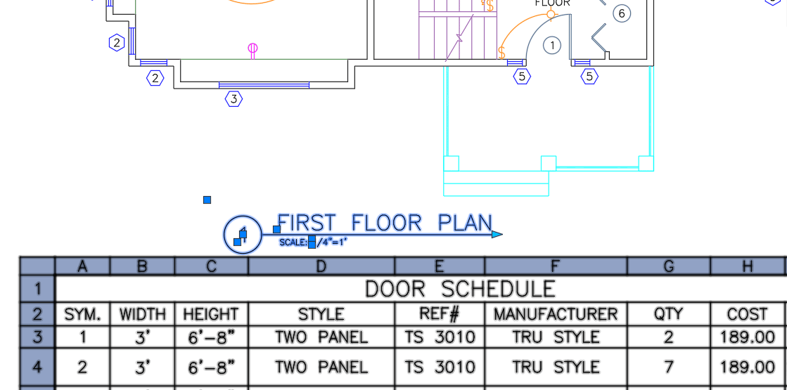 AutoCAD con zoom sobre una planta y el bloque de título de vista encontrado seleccionado, tras pegar el comando Locate de DwgSearch