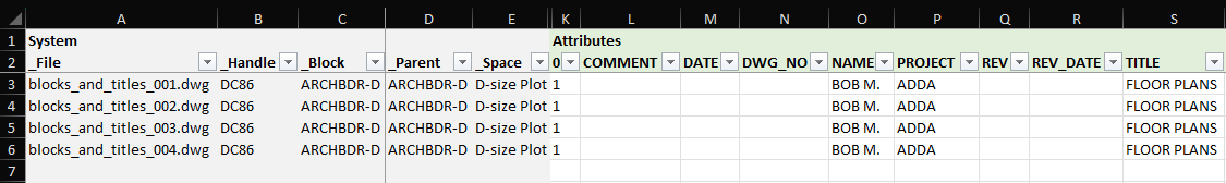 Libro de Excel exportado por DwgSearch con el formato de BlockSync, con una fila por cada instancia del rótulo ARCHBDR-D en cuatro dibujos