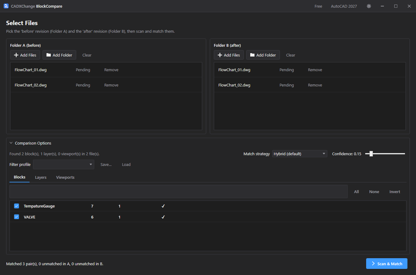 BlockCompare's Select Files screen with the issued and current flow chart revisions added and the TempatureGauge and VALVE blocks checked in the Blocks tab