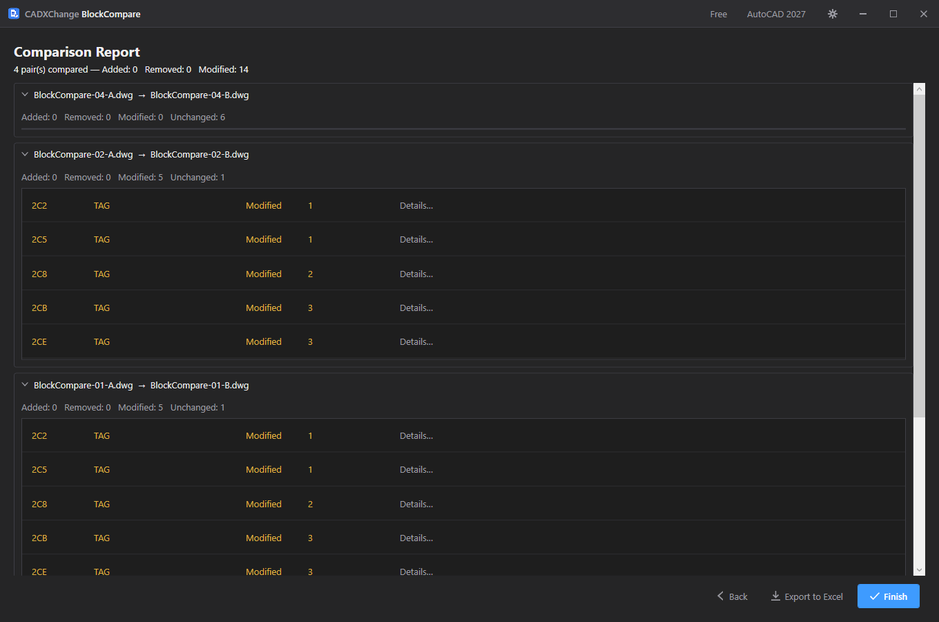 BlockCompare's Comparison Report screen with per-file groups of changed, added and removed block entries