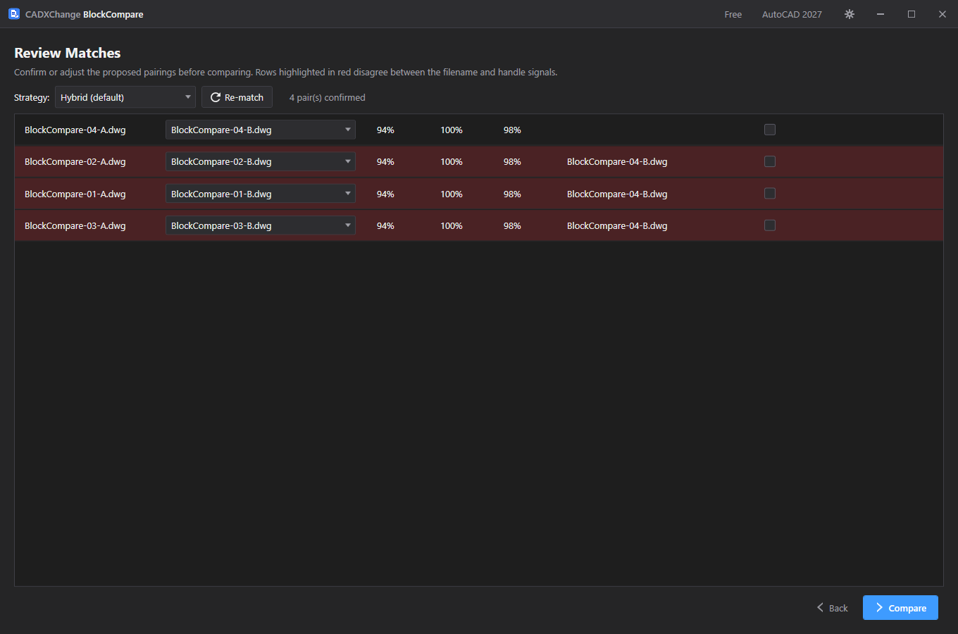 BlockCompare's Review Matches screen showing File A next to a proposed File B match, with filename, handle and combined confidence scores