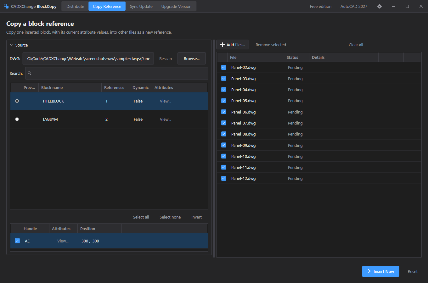 BlockCopy's Copy Reference screen for picking a source block instance and target files