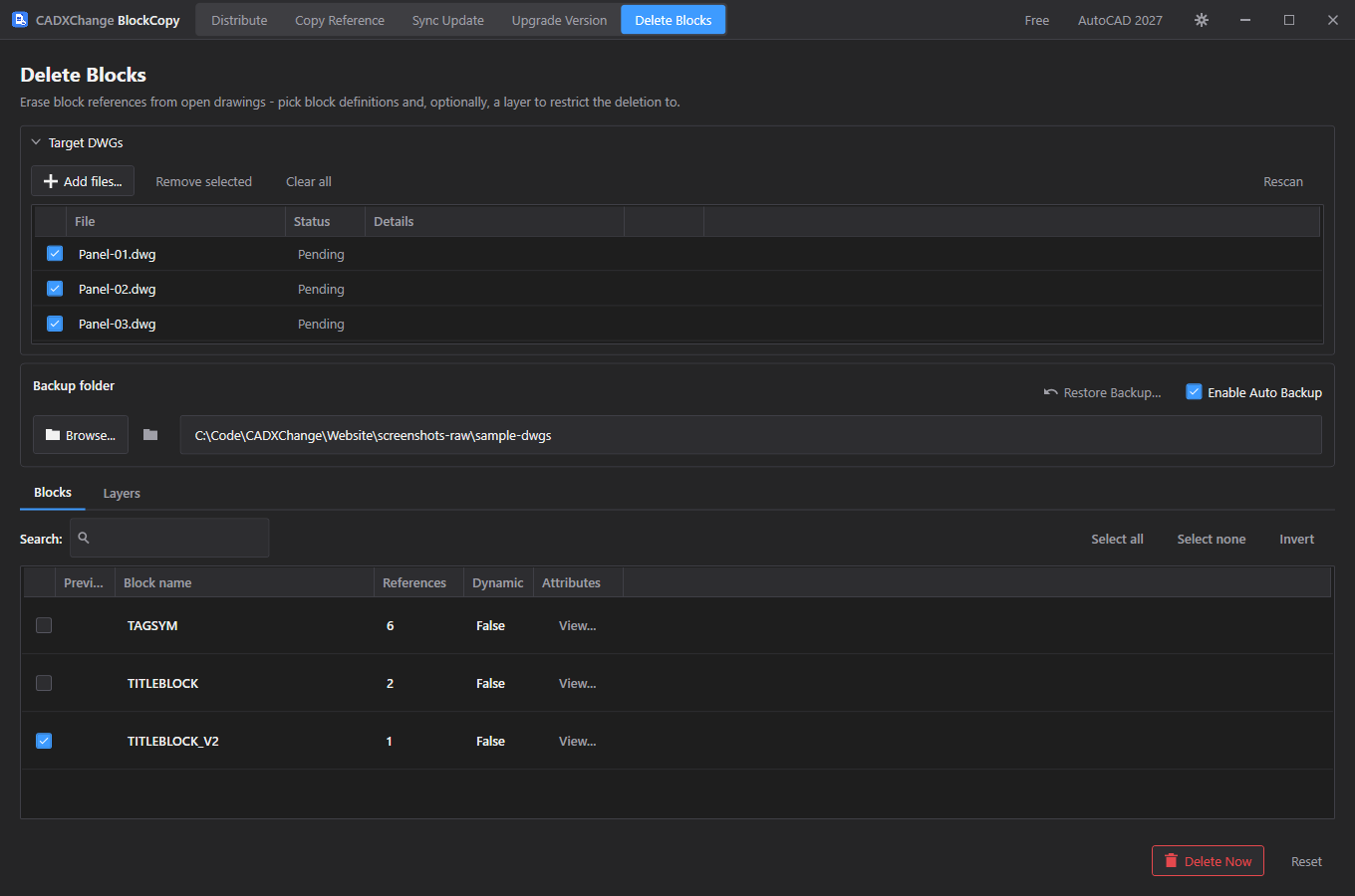 BlockCopy's Delete Blocks screen with target files, a scanned block list and a layer filter tab