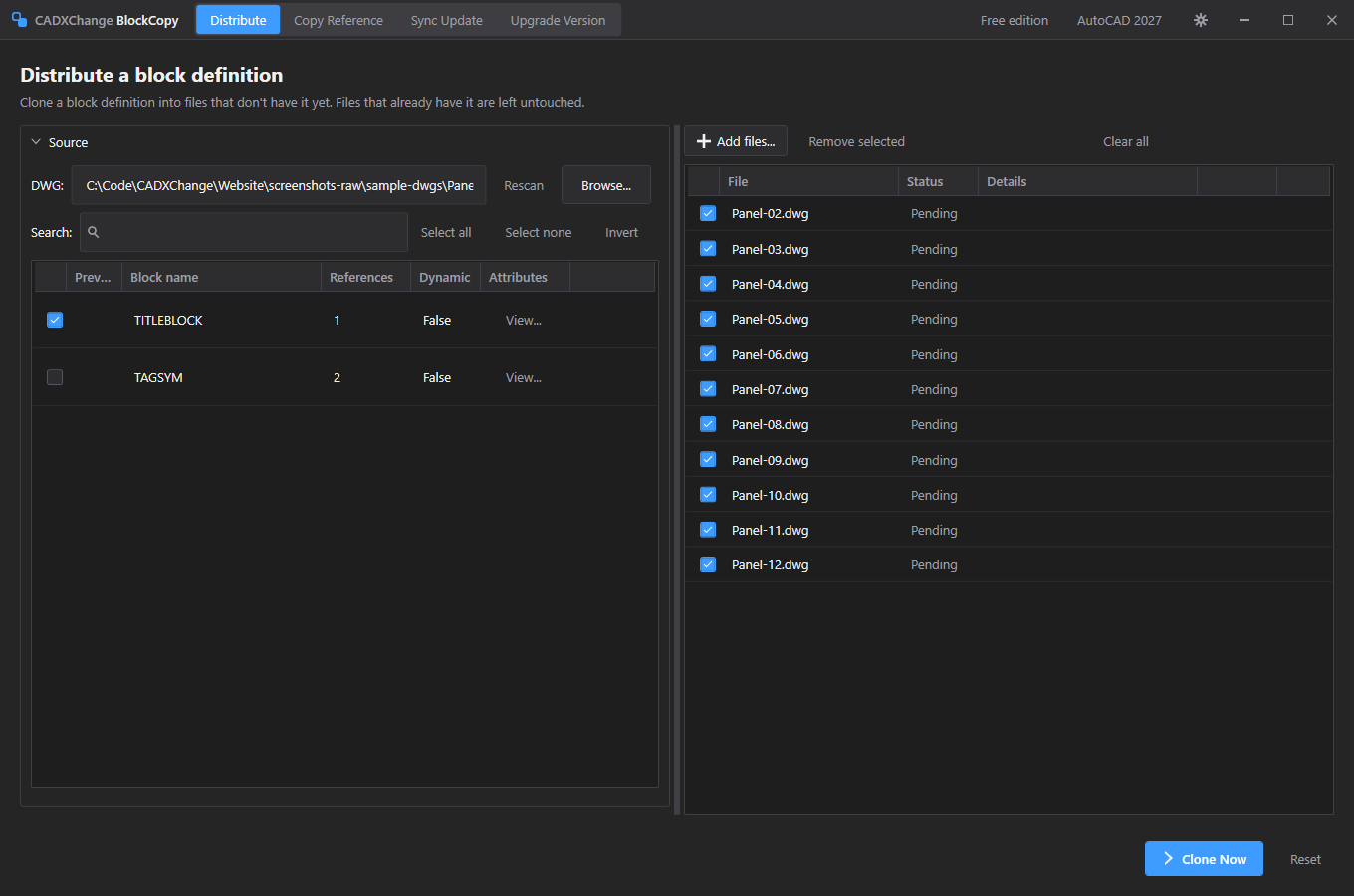 Distribute a block definition: pick the source block, add target files, preview, clone.