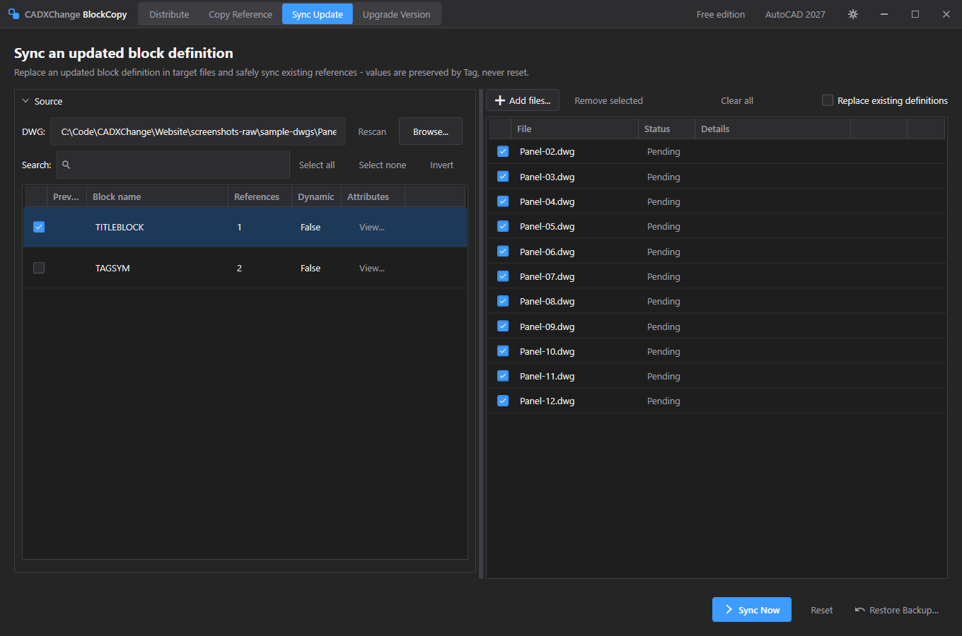 BlockCopy's Sync Update screen for pushing a revised block definition to target files