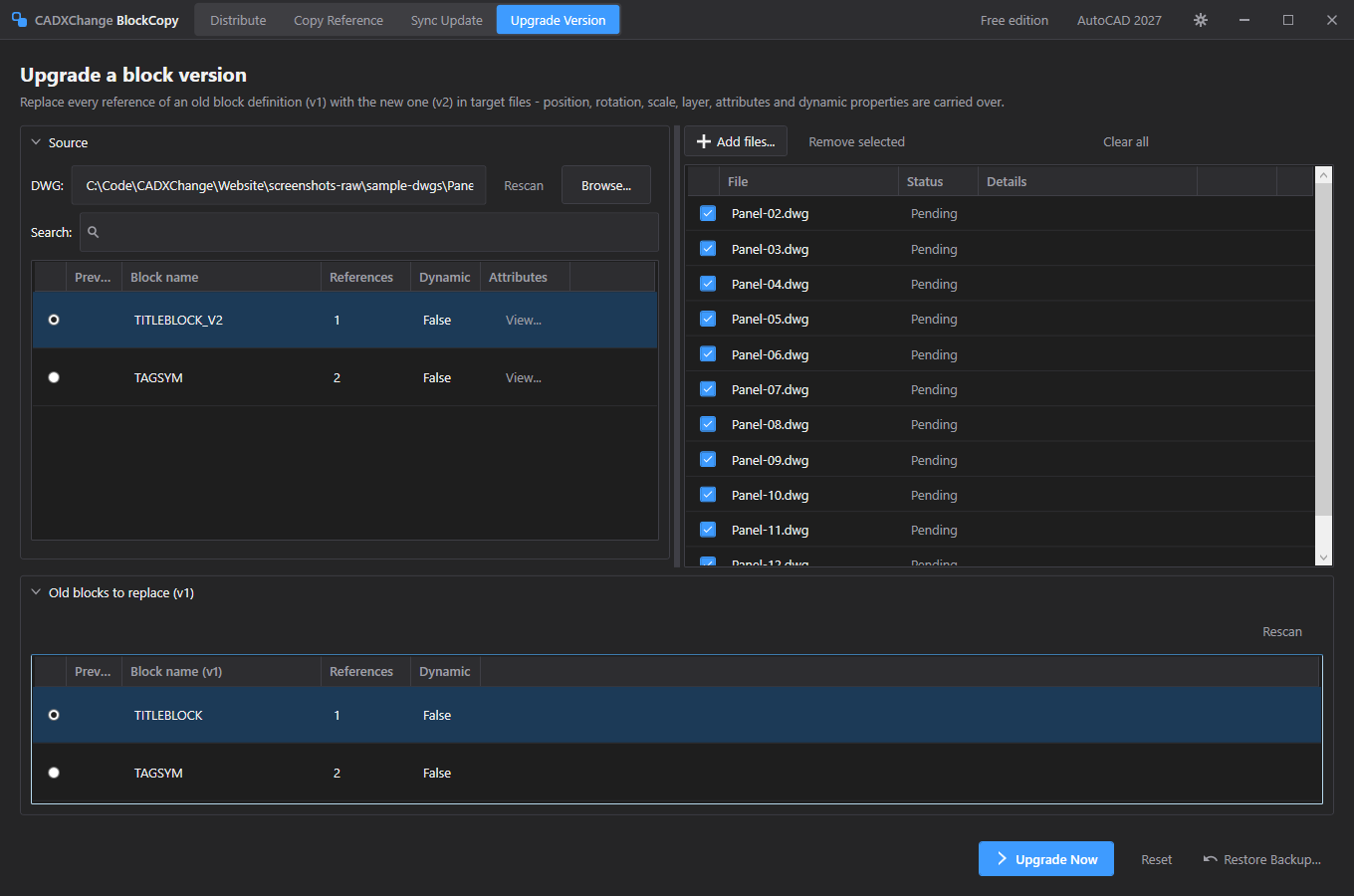 BlockCopy's Upgrade Version screen for replacing an old block definition with a new one across target files