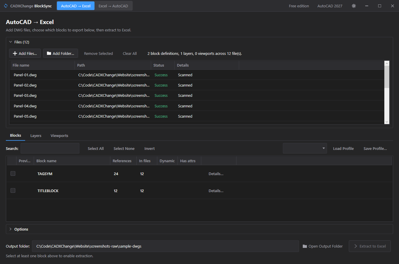 12 drawings scanned, 2 block definitions found — Files, block list and export in one screen.