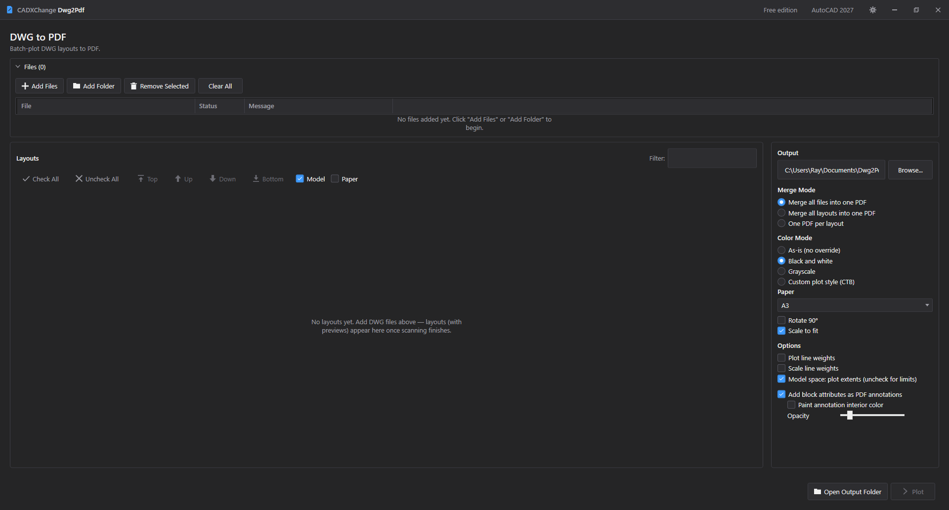 Merge mode, color policy, CTB and PDF annotation options alongside the file and layout lists.