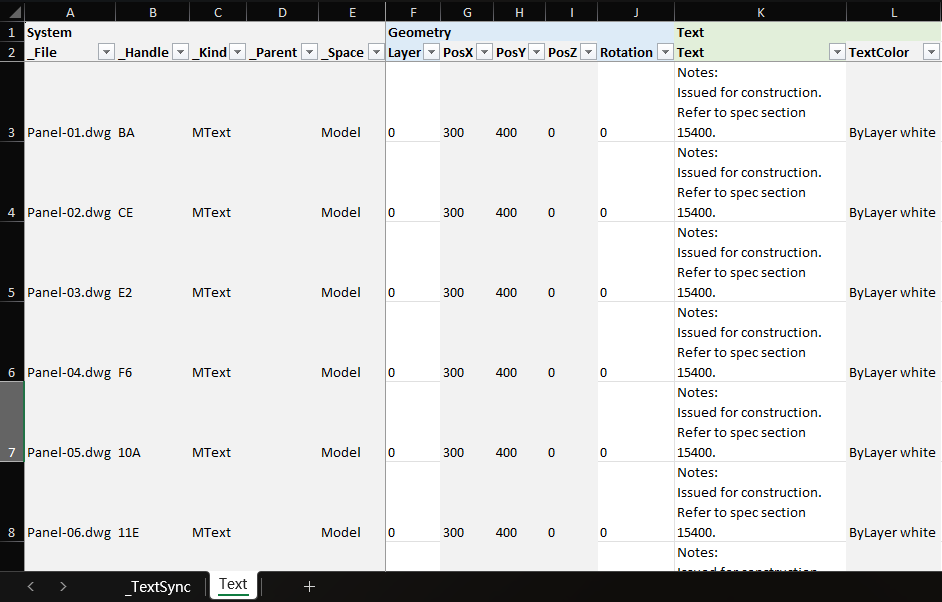 DwgSearch's exported Excel workbook listing search results with file, layout, block, kind and content columns